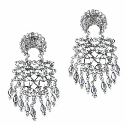Tehzeeb Creations Women's Silver Colour Oxidised Earrings With Kundan | Swadesiicart