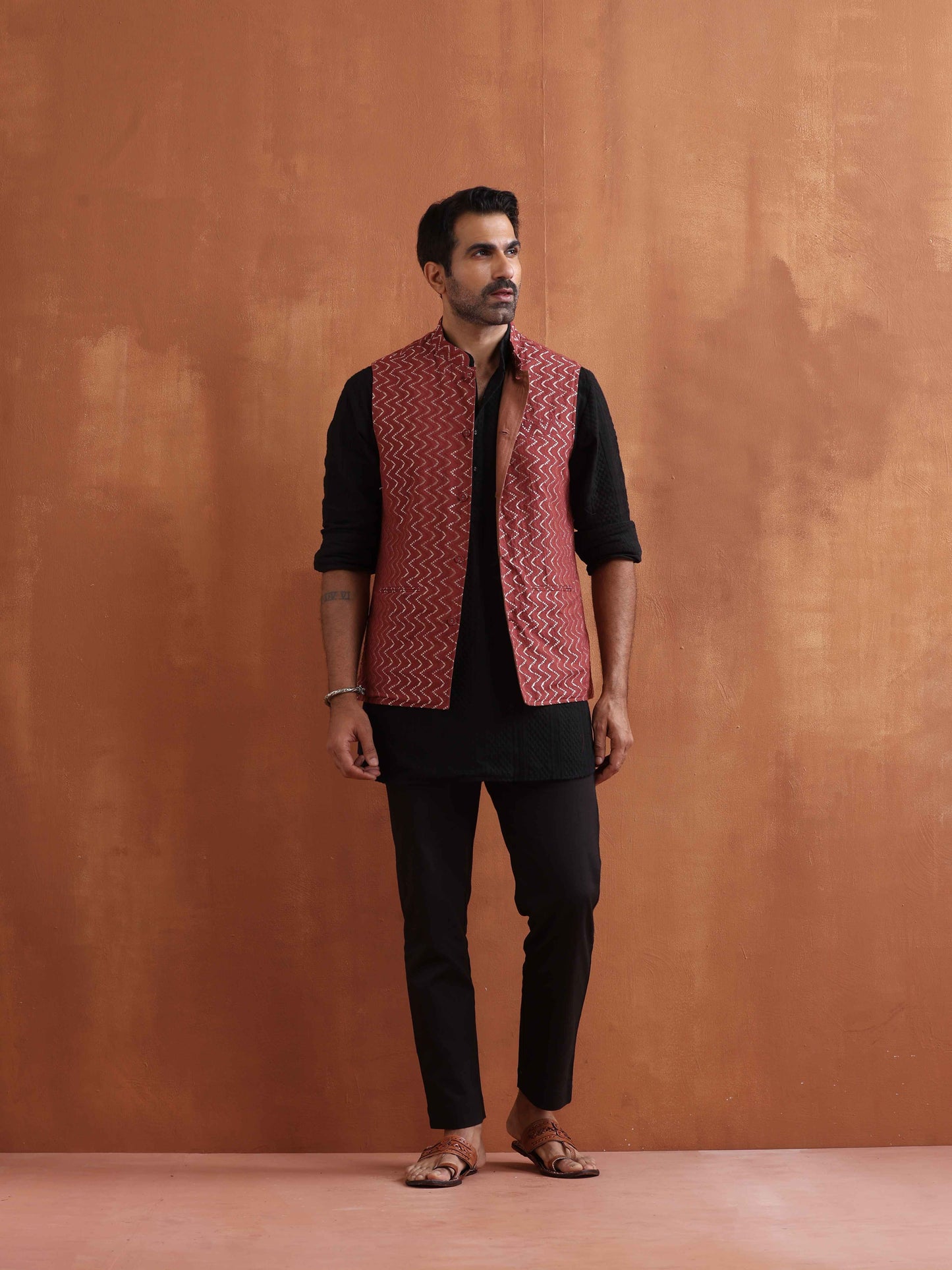 trueBrowns Men's Rust Cotton Dobby Nehru Jacket | Swadesiicart