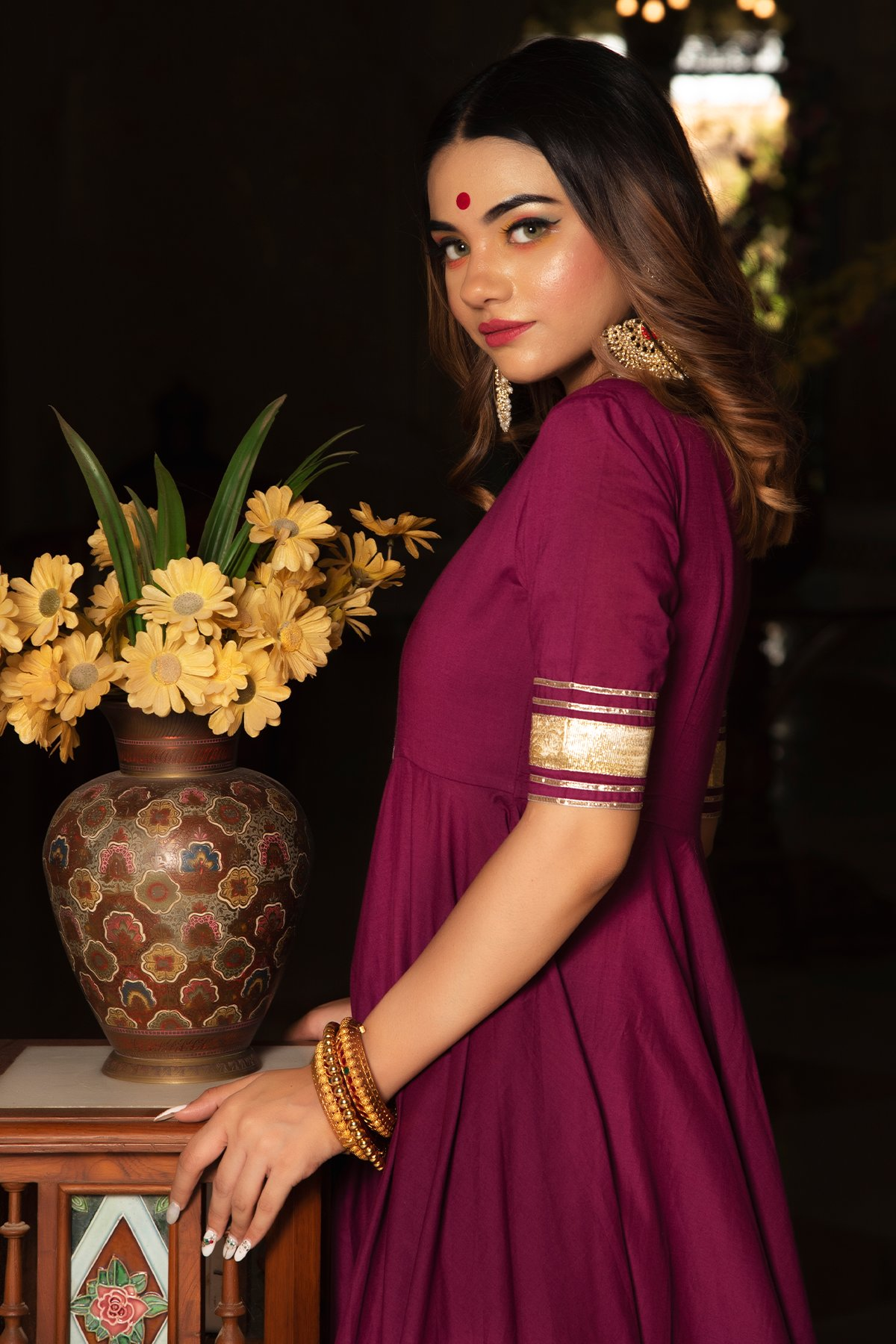 Pomcha Jaipur Burgundy Pure Cotton Anarkali Set | Swadesiicart