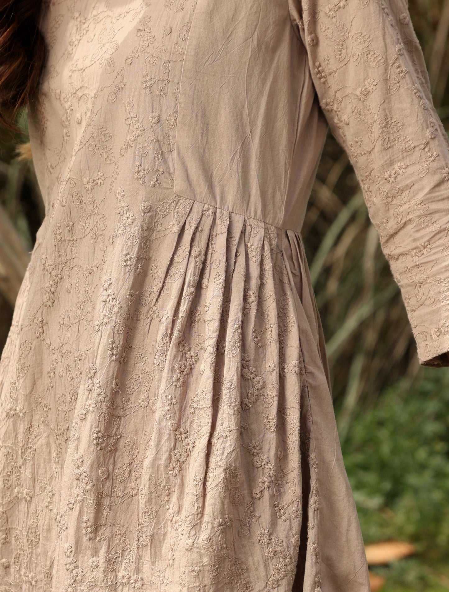 trueBrowns Khaki Cotton Embroidered Co-ord Set - Swadesiicart