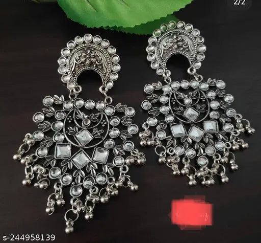 Tehzeeb Creations Women's Silver Colour Oxidised Earrings With Kundan | Swadesiicart