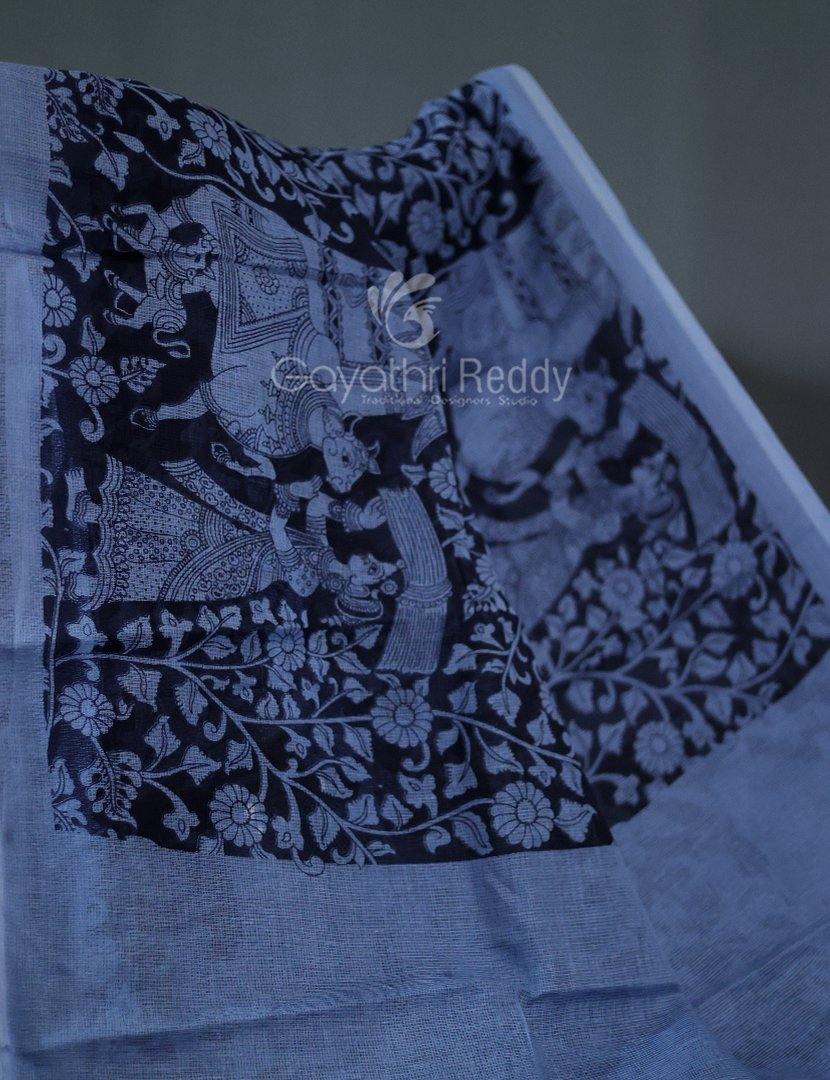 Shades of Black And Grey With Kalamkari Print Munga Cotton Saree By Gayathri Reddy Designer Studio | Swadesiicart