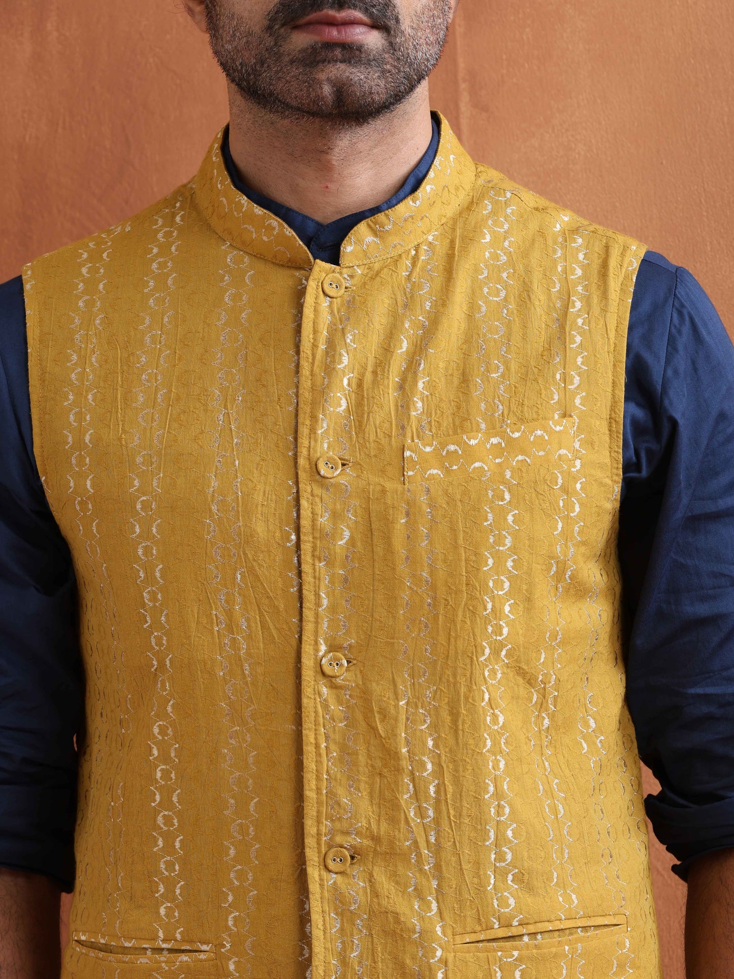 trueBrowns Men's Mustard Cotton Dobby Reversible Nehru Jacket | Swadesiicart