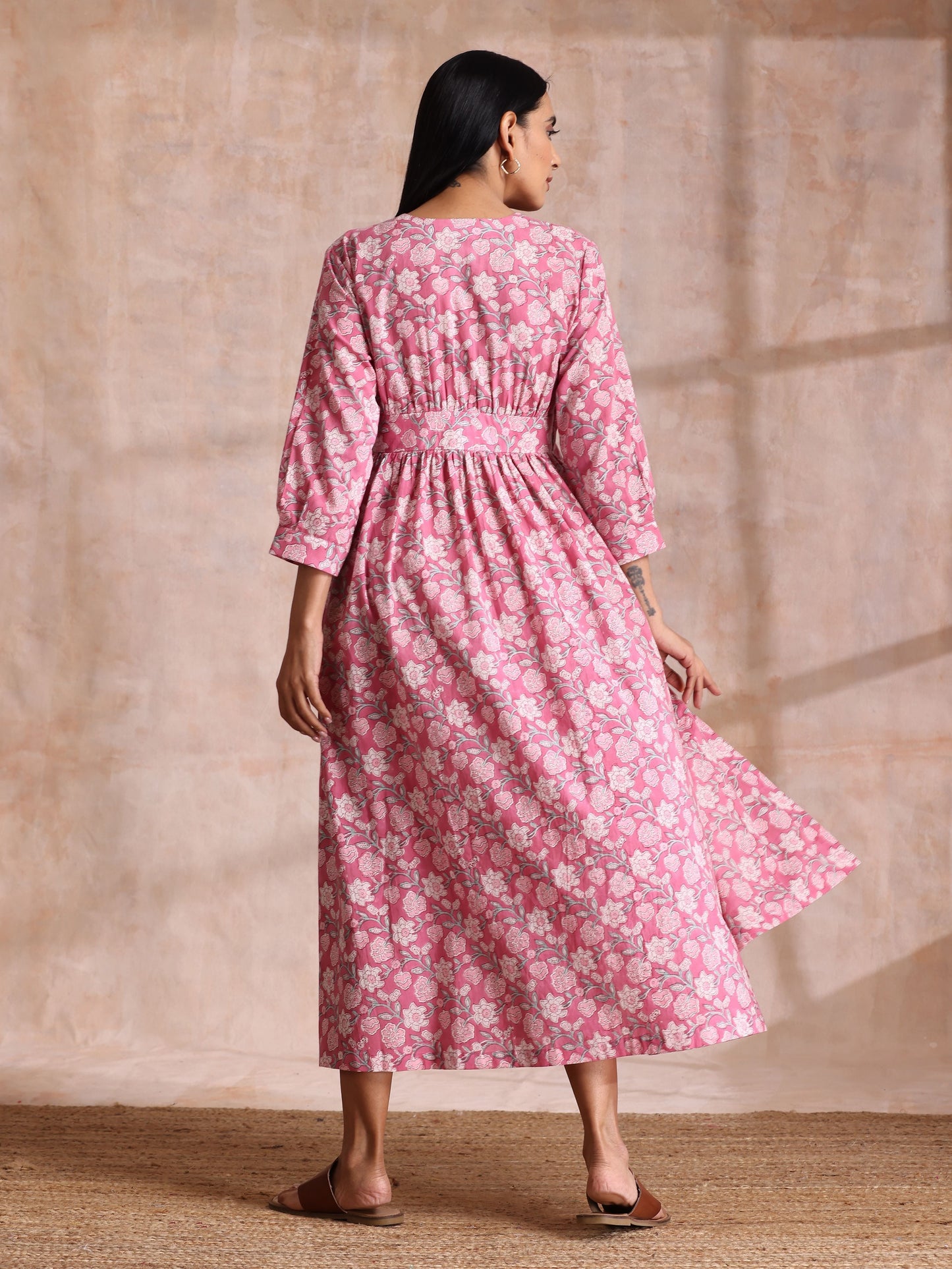 trueBrowns Pink Overall Floral Block Print Cotton Wrap Dress | Swadesiicart