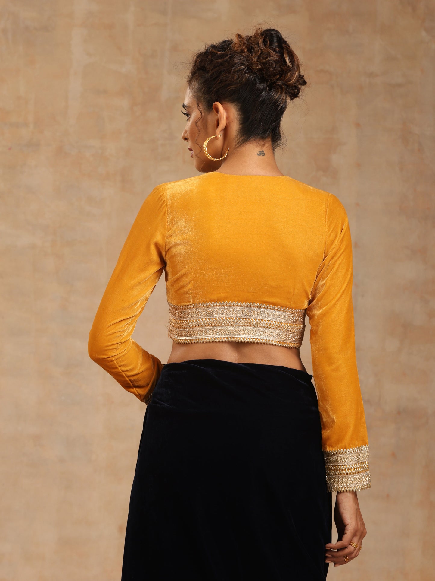 trueBrowns Mustard Velvet Lace Blouse | Swadesiicart