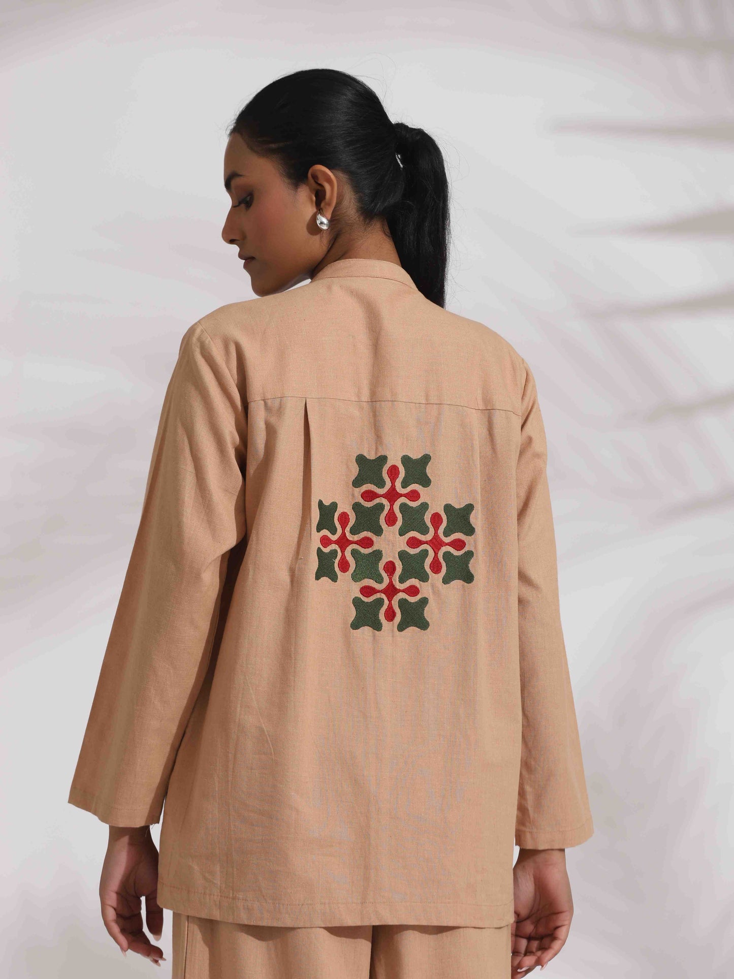 trueBrowns Beige Cotton Embroidered Shirt Top Co-ord Set - Swadesiicart