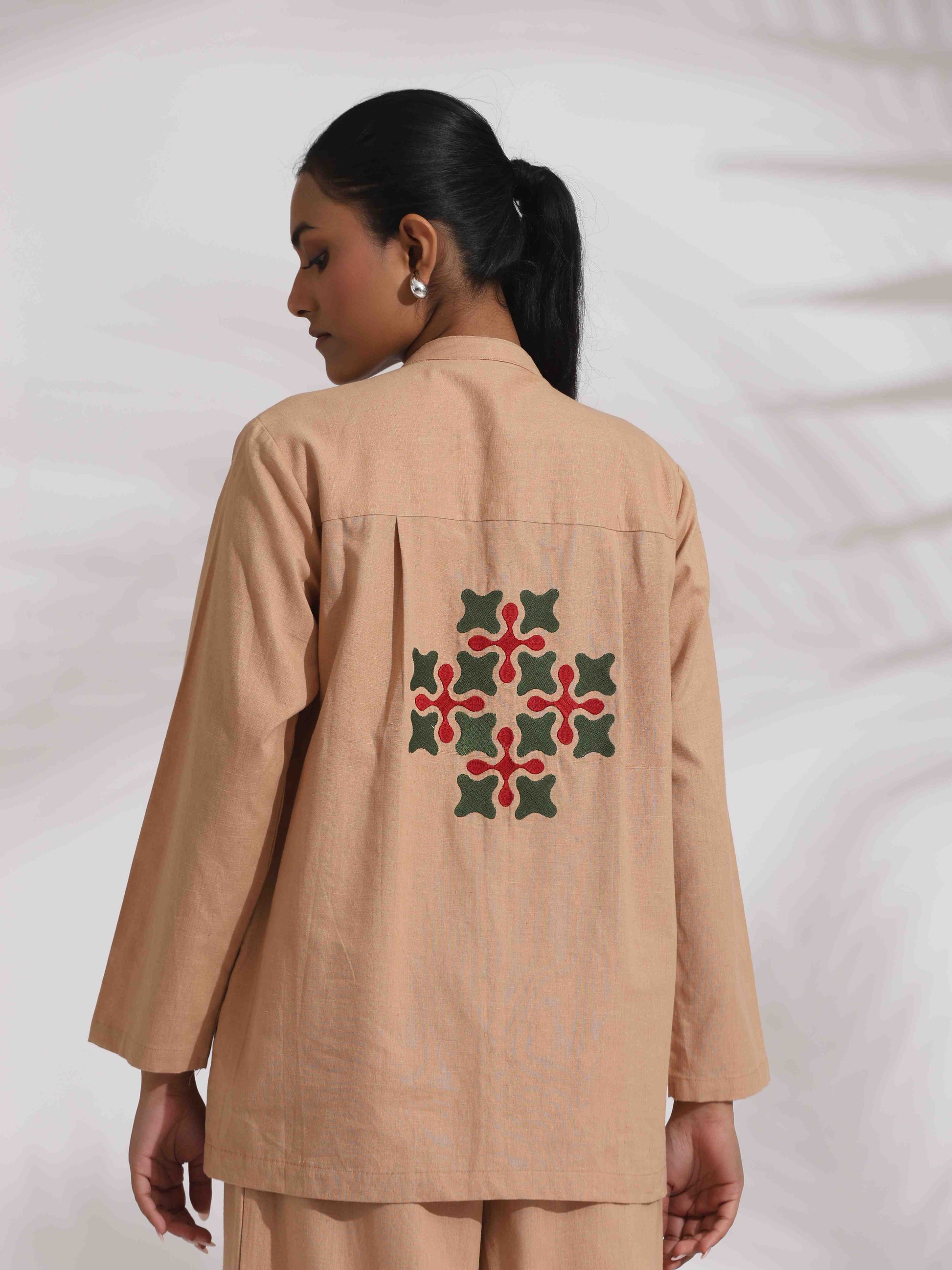 trueBrowns Beige Cotton Embroidered Shirt Top Co-ord Set - Swadesiicart