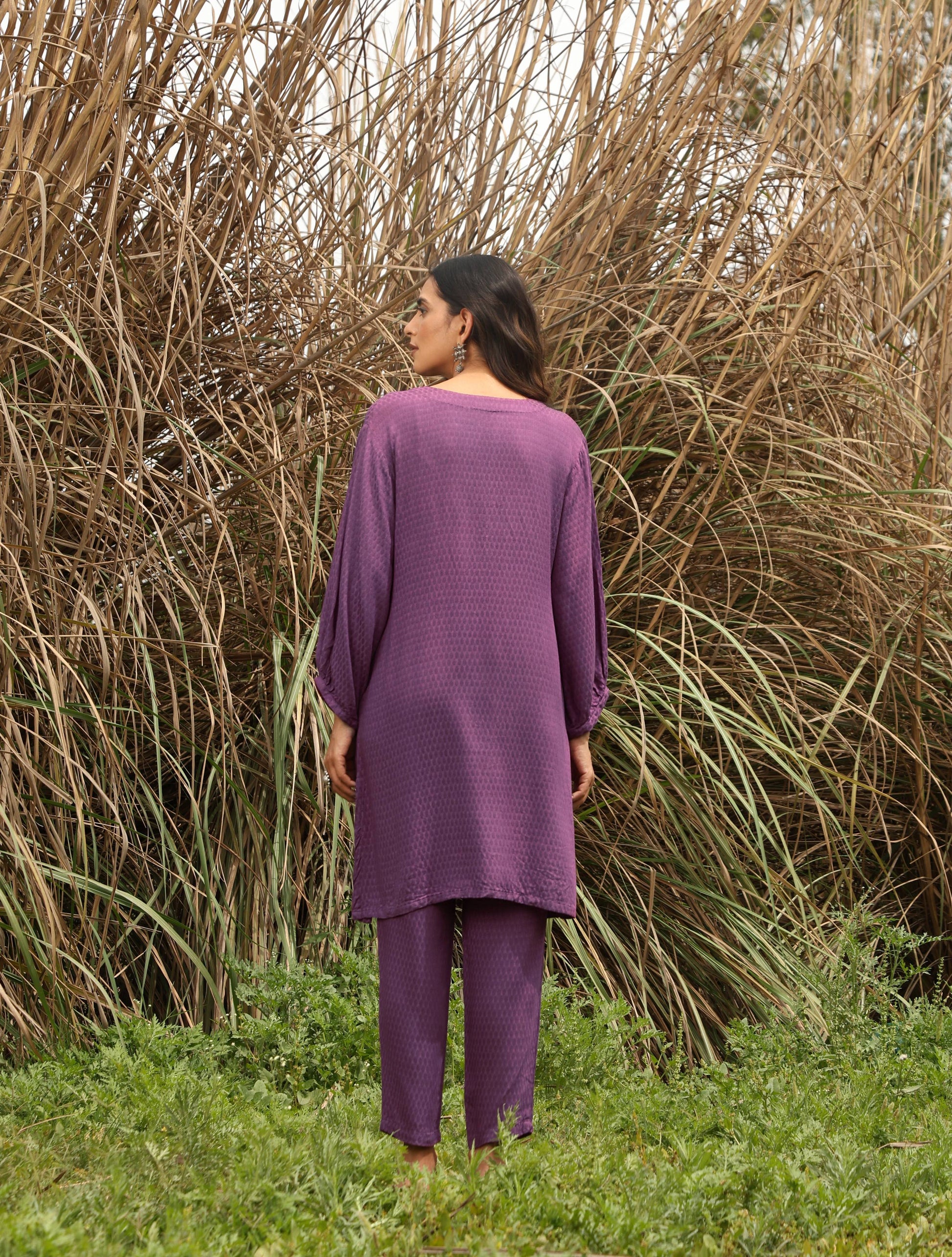 trueBrowns Purple Viscose Dobby Relaxed Co-ord Set - Swadesiicart