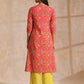 trueBrowns Flamingo Pink Overall Floral Block Print Cotton Slit Kurta Pant Set | Swadesiicart