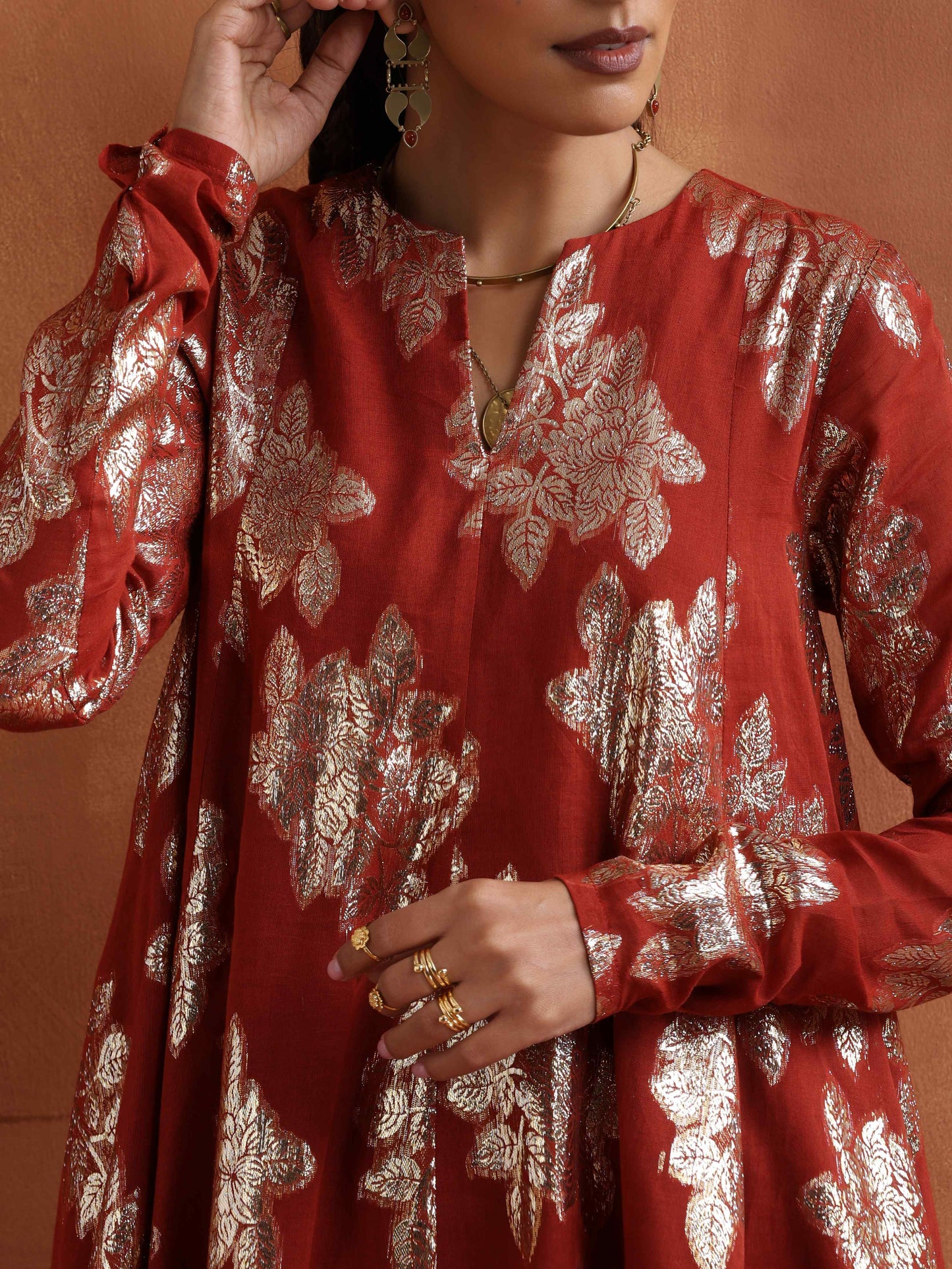 trueBrowns Rust Metallic Flared Anarkali Co-ord Set - Swadesiicart