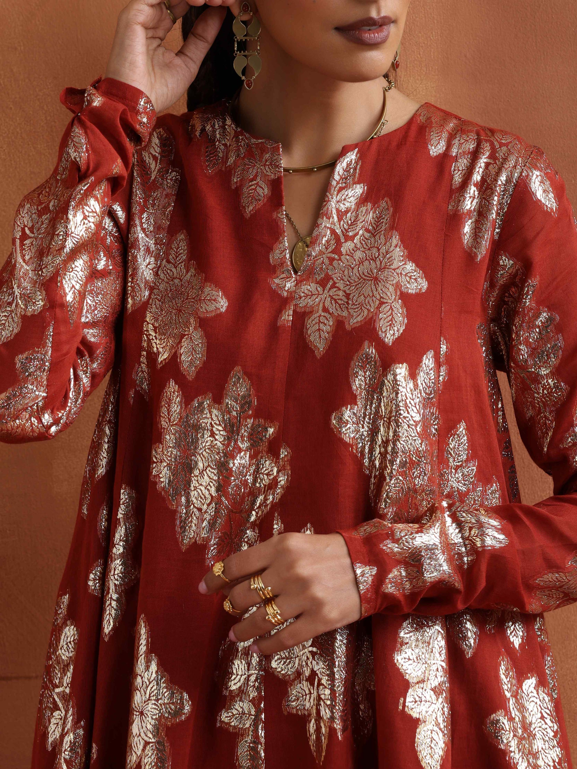 trueBrowns Rust Metallic Flared Anarkali Co-ord Set - Swadesiicart