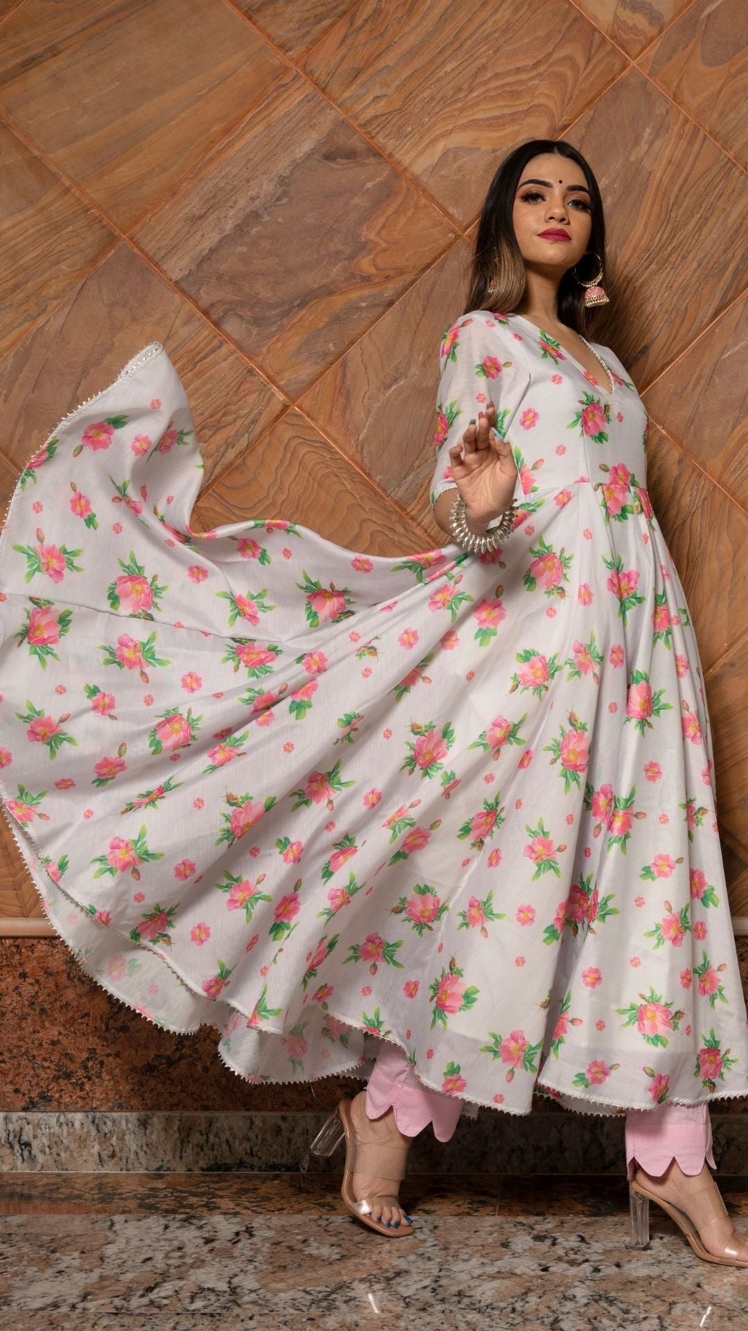 Pomcha Jaipur Flamingo Chandheri Anarkali Set | Swadesiicart