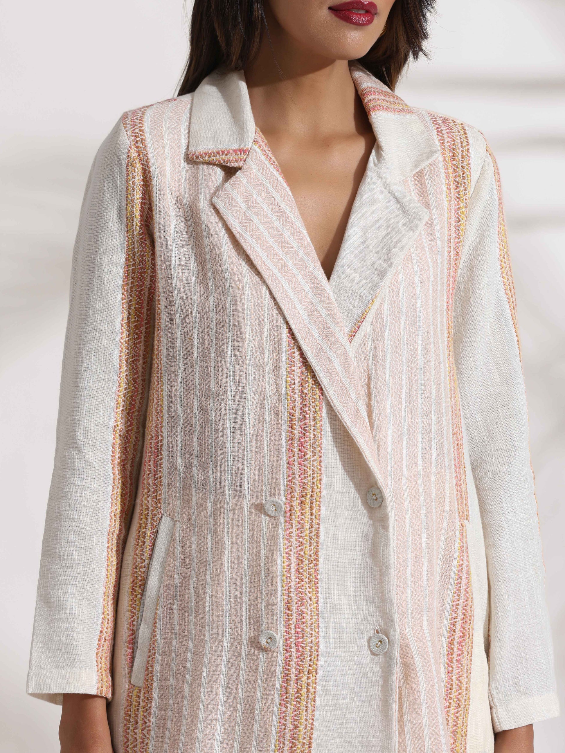 trueBrowns Beige Cotton Stripe Jacket Top Co-ord Set - Swadesiicart