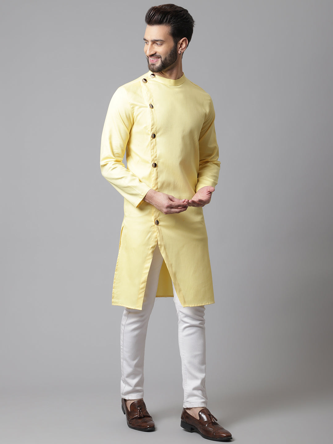 Even Apparels Yellow Sherwani Kurta With Asymetrical Cut | Swadesiicart