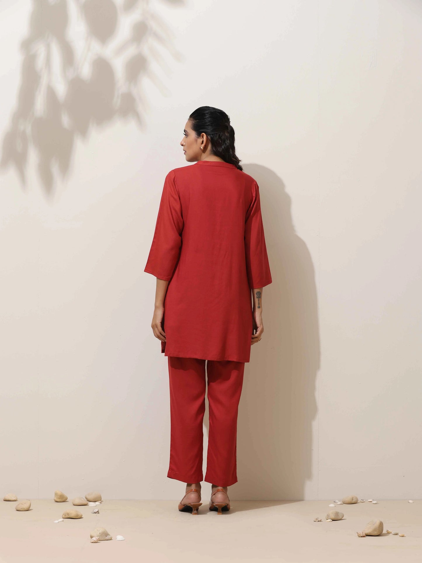 trueBrowns Maroon Viscose Solid Co-ord Set - Swadesiicart