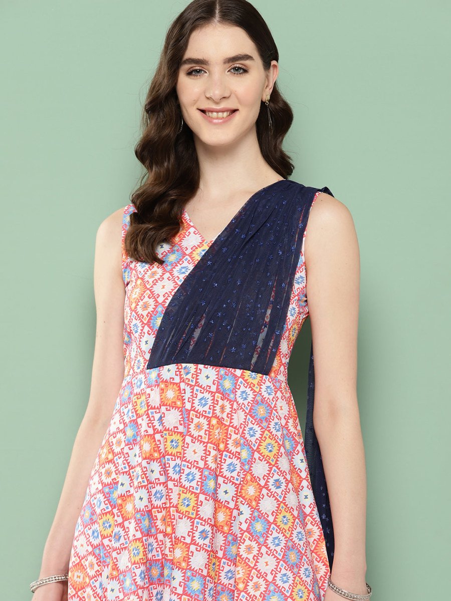 Ahalyaa Abstract Printed Empire Ethnic Dress | Swadesiicart