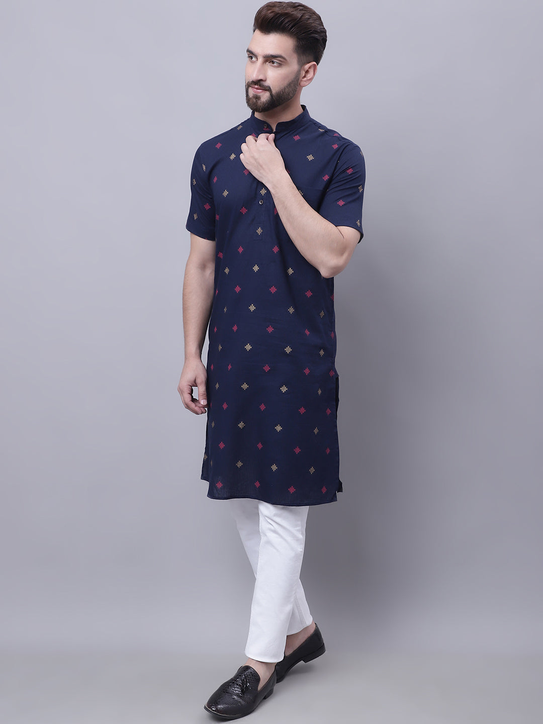 Even Apparels Blue Pure Cotton Short Sleeves Kurta With Band Collar | Swadesiicart
