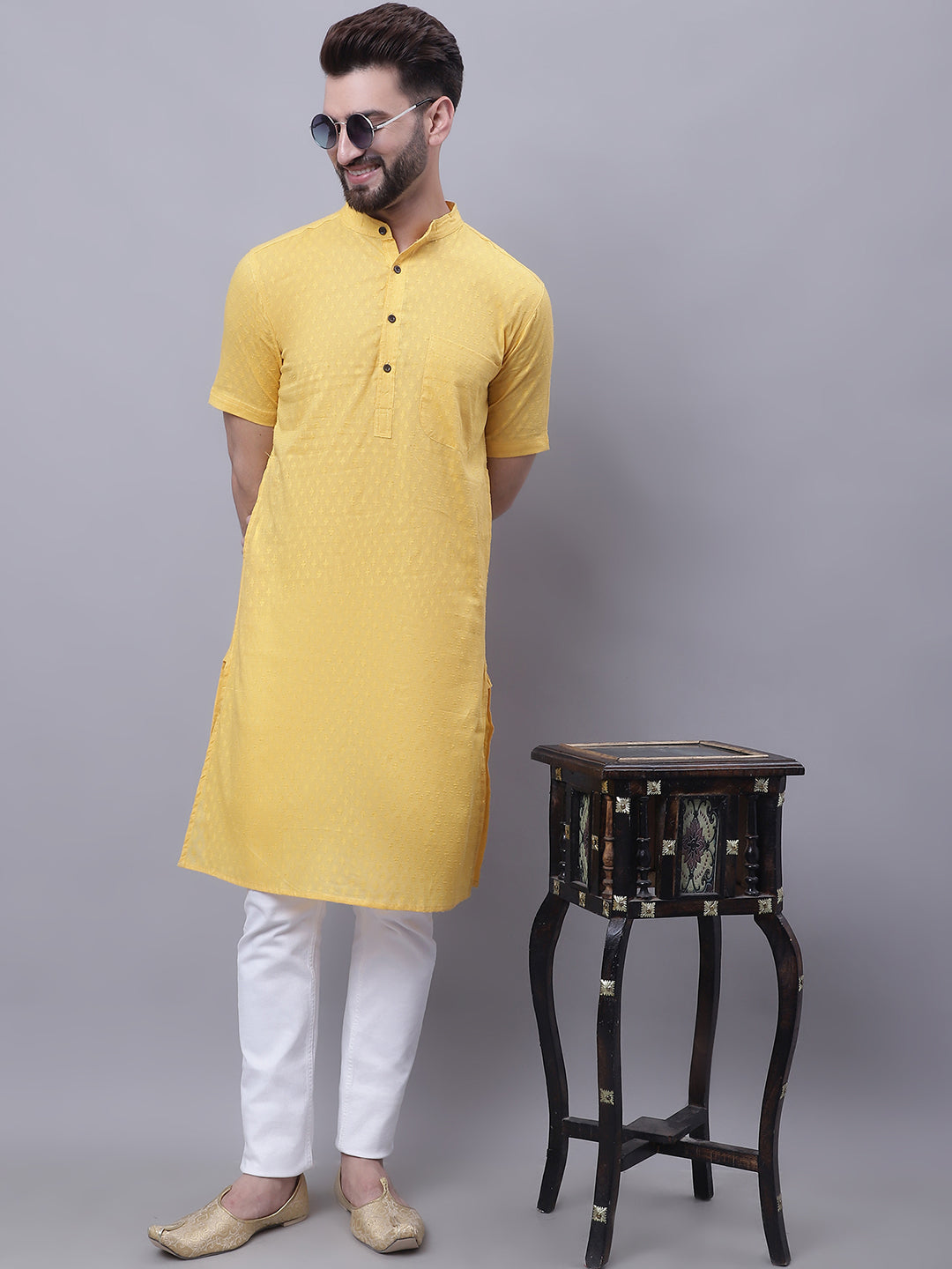 Even Apparels Yellow Pure Cotton Short Sleeves Kurta With Band Collar | Swadesiicart