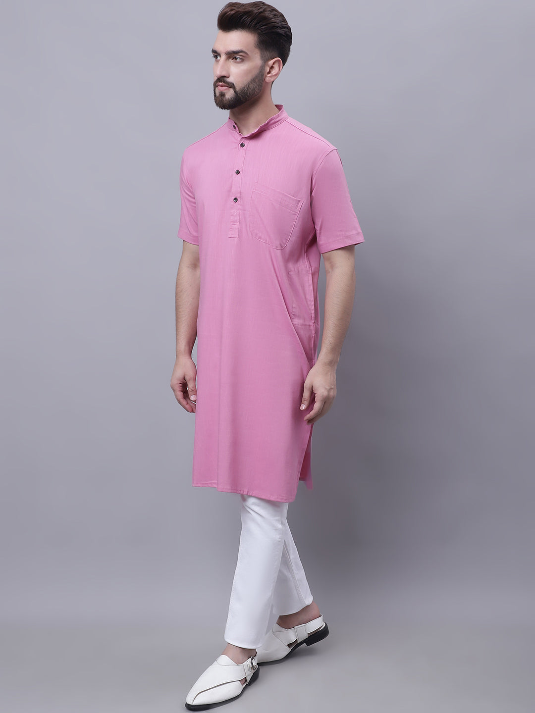 Even Apparels Pink Pure Cotton Short Sleeves Kurta With Band Collar | Swadesiicart