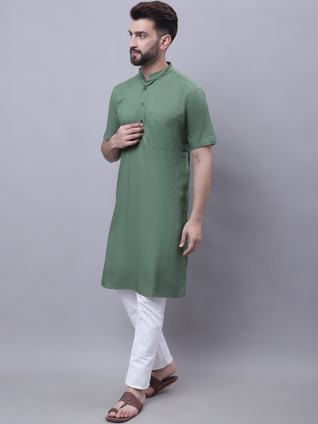 Even Apparels Green Pure Cotton Short Sleeves Kurta With Band Collar | Swadesiicart