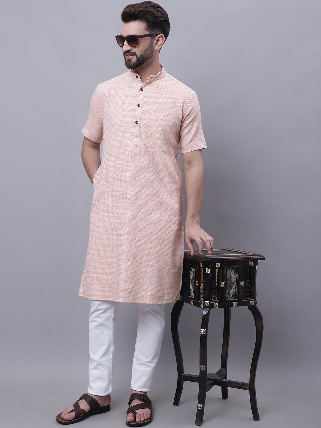 Even Apparels Peach Pure Cotton Short Sleeves Kurta With Band Collar | Swadesiicart