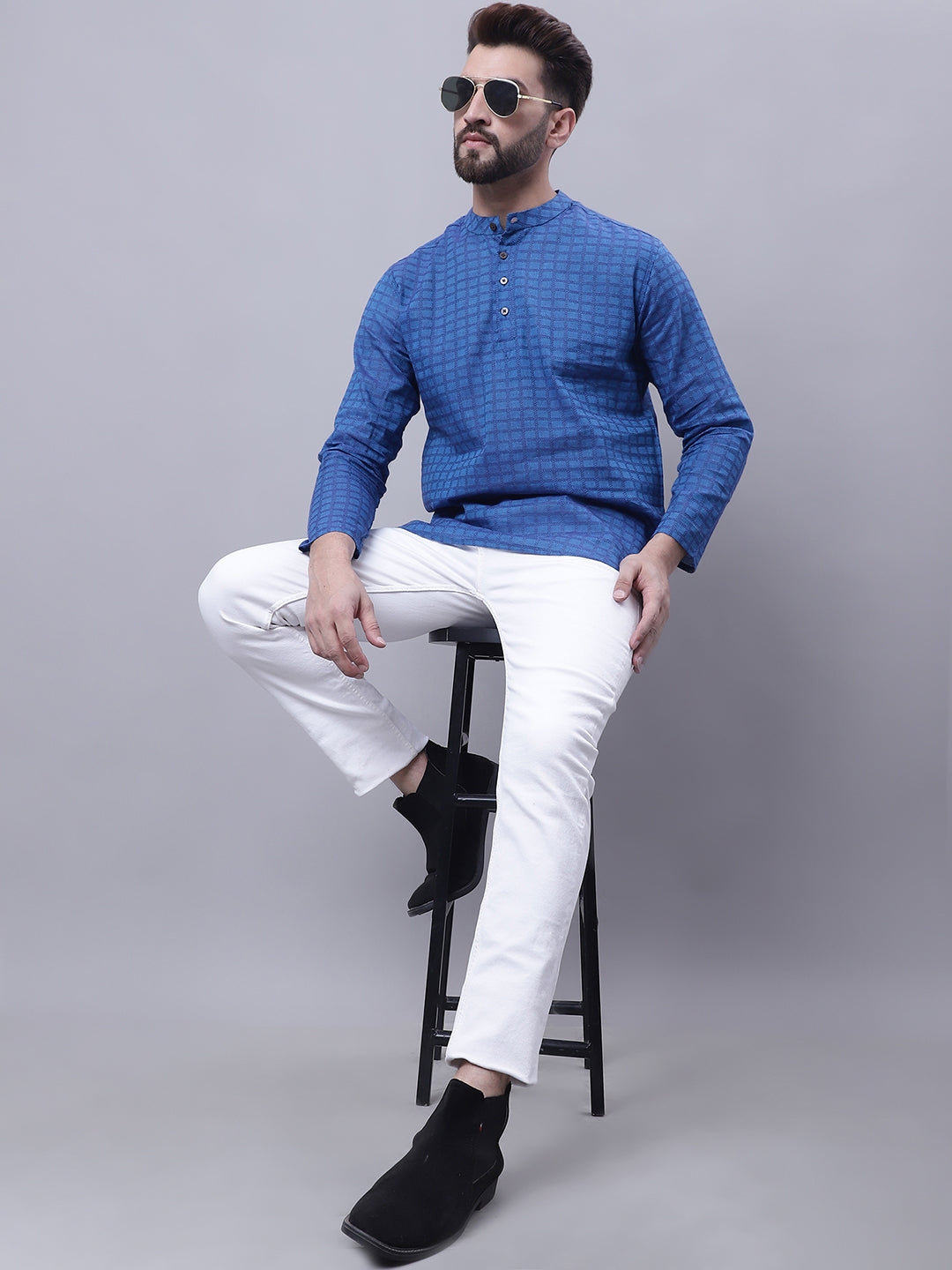 Even Apparels Blue Pure Cotton Short Kurta With Band Collar | Swadesiicart