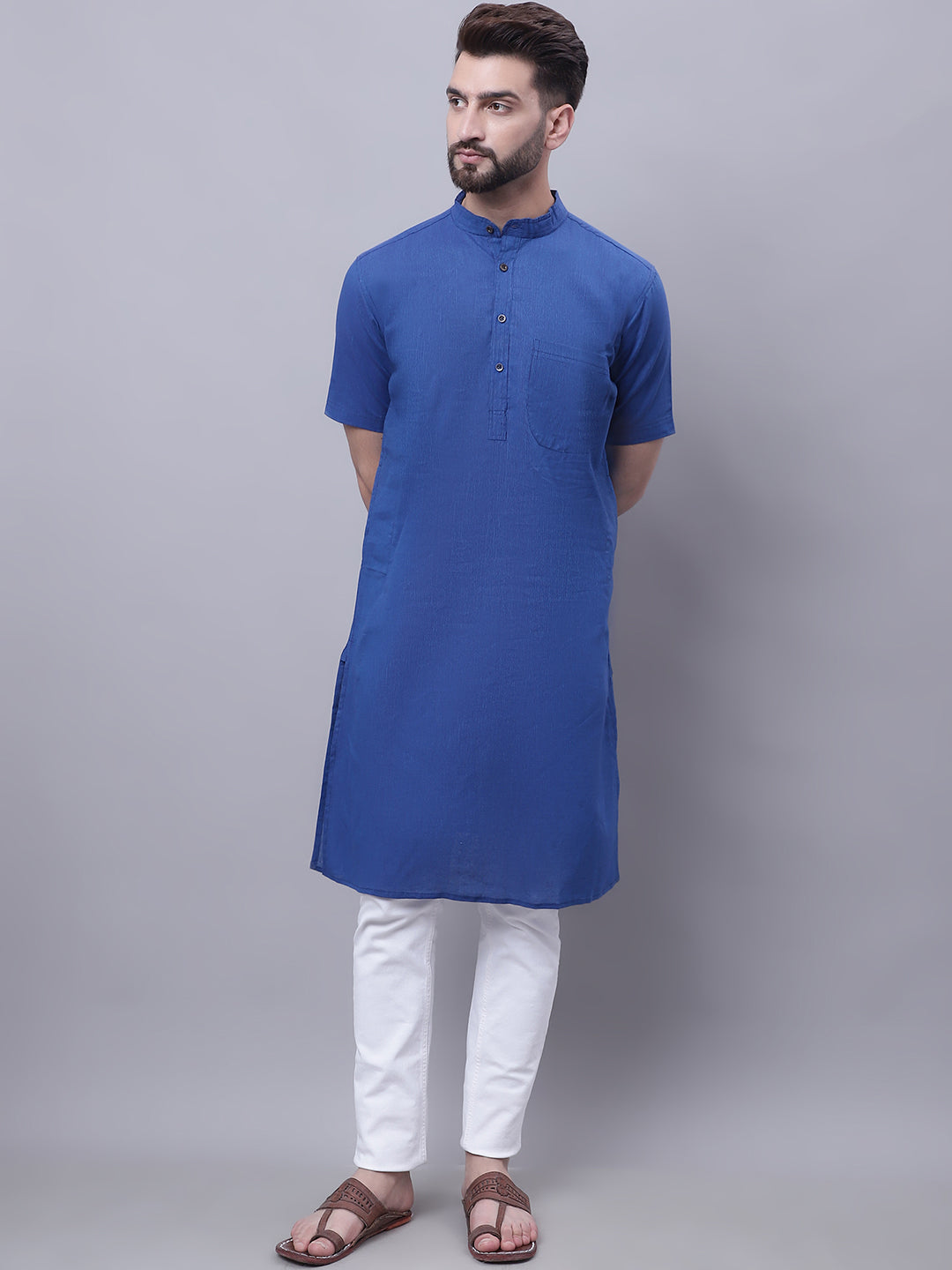 Even Apparels Blue Pure Cotton Short Sleeves Kurta With Band Collar | Swadesiicart