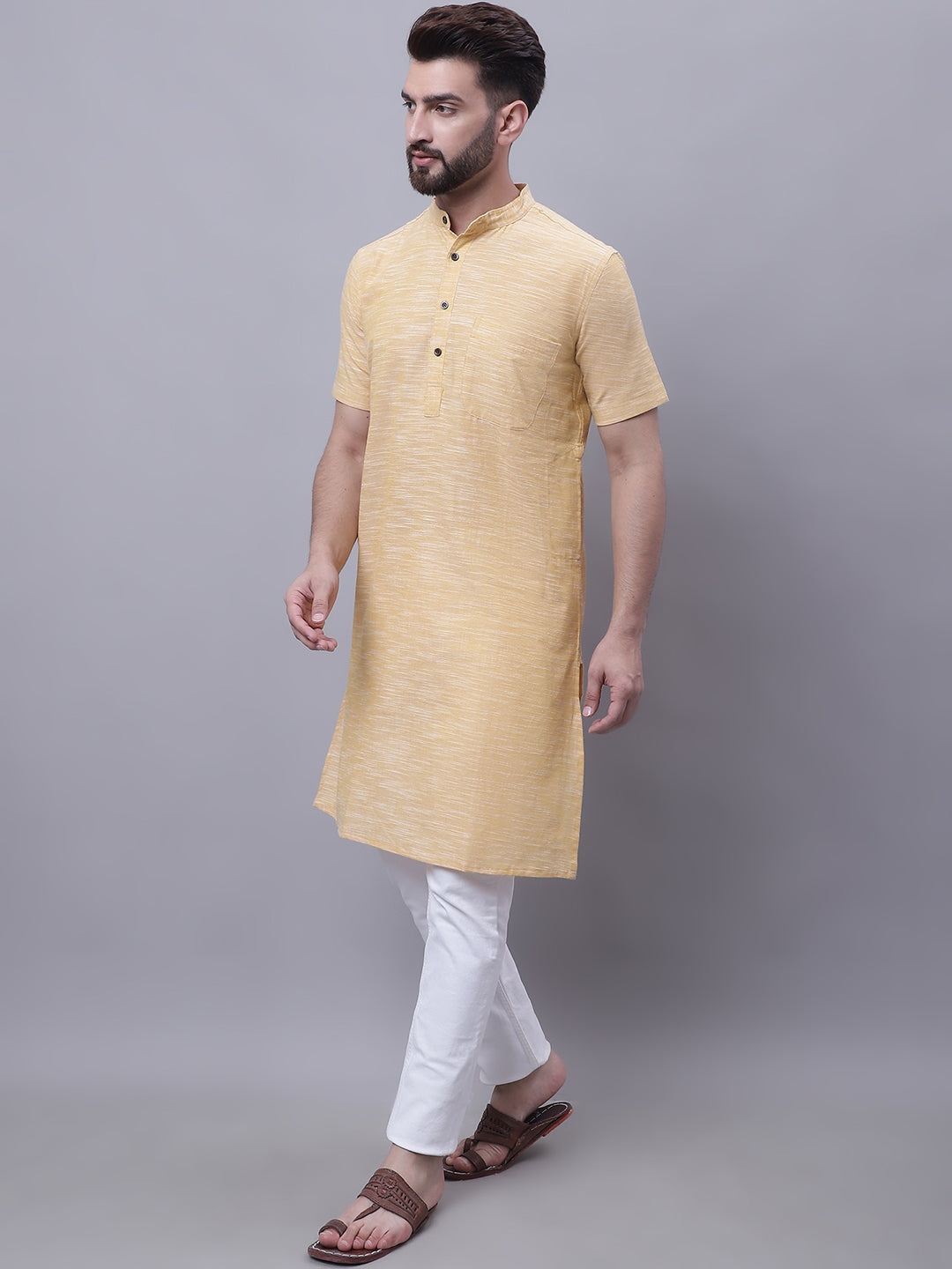 Even Apparels Yellow Pure Cotton Short Sleeves Kurta With Band Collar | Swadesiicart