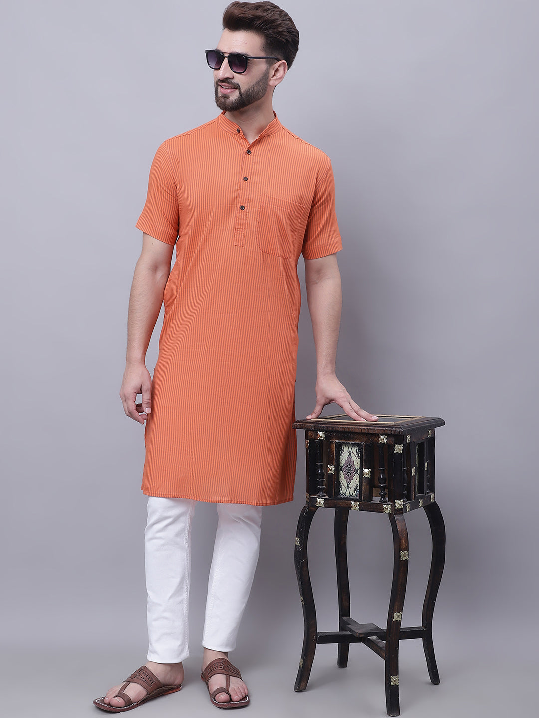 Even Apparels Rust Pure Cotton Short Sleeves Kurta With Band Collar | Swadesiicart