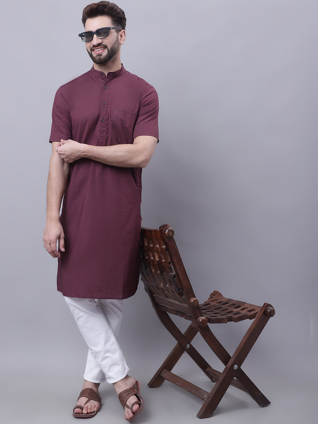 Even Apparels Wine Pure Cotton Short Sleeves Kurta With Band Collar | Swadesiicart