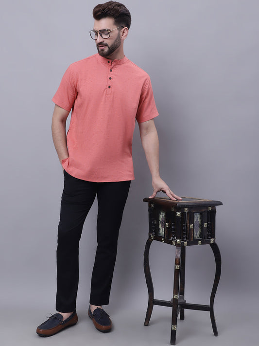 Even Apparels Peach Pure Cotton Short Sleeves Kurta With Band Collar | Swadesiicart