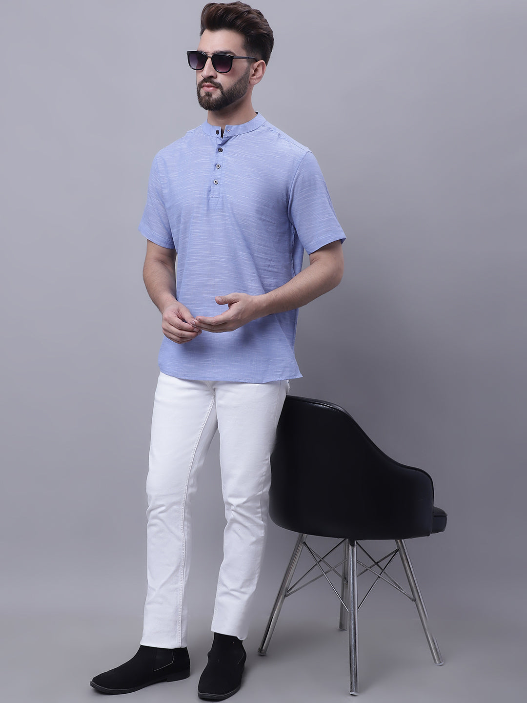 Even Apparels Blue Pure Cotton Short Kurta With Band Collar | Swadesiicart