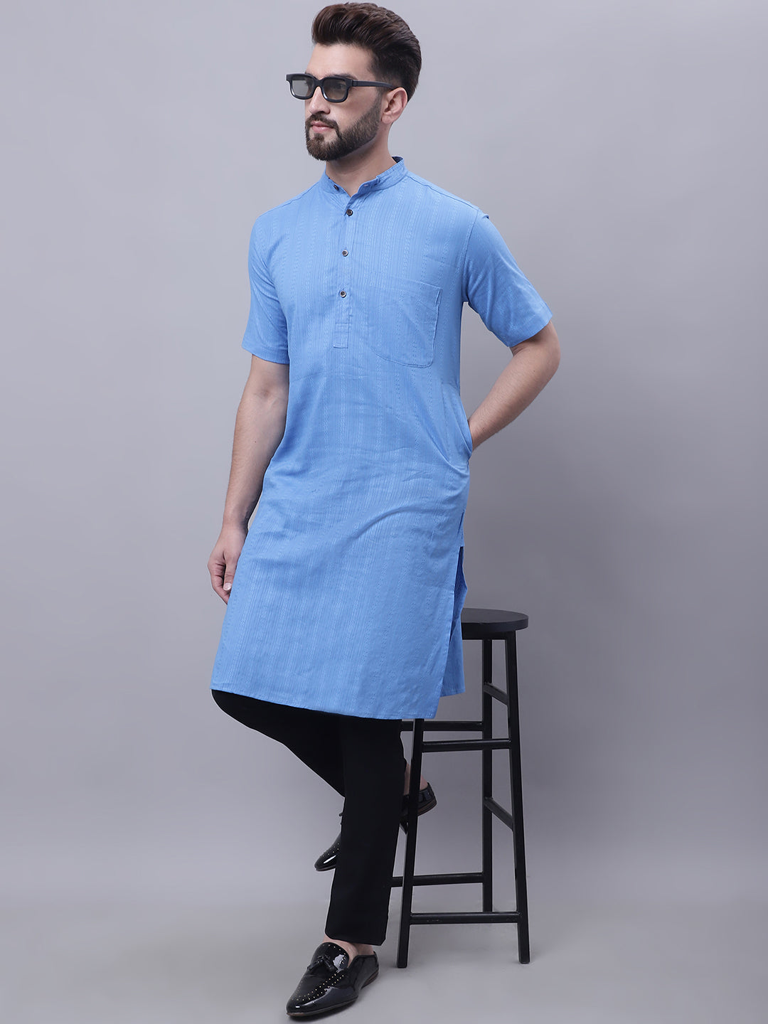 Even Apparels Blue Pure Cotton Short Sleeves Kurta With Band Collar | Swadesiicart