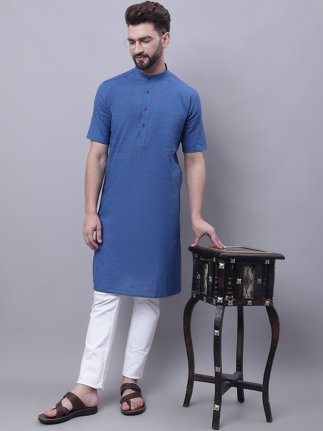 Even Apparels Blue Pure Cotton Short Sleeves Kurta With Band Collar | Swadesiicart