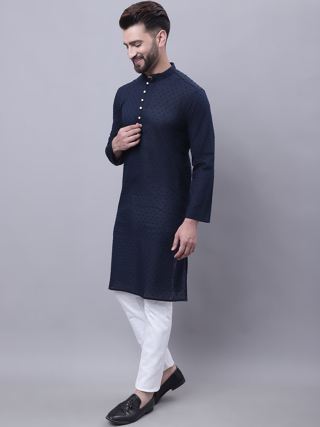 Even Apparels Blue Pure Cotton Kurta With Band Collar | Swadesiicart