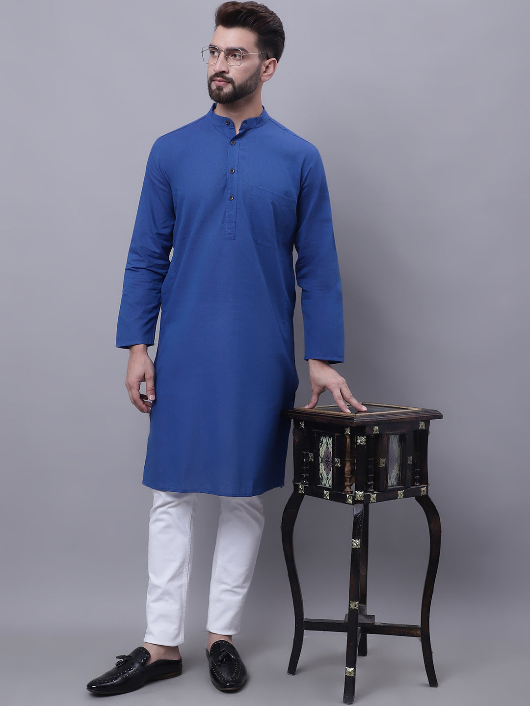 Even Apparels Blue Pure Cotton Kurta With Band Collar | Swadesiicart