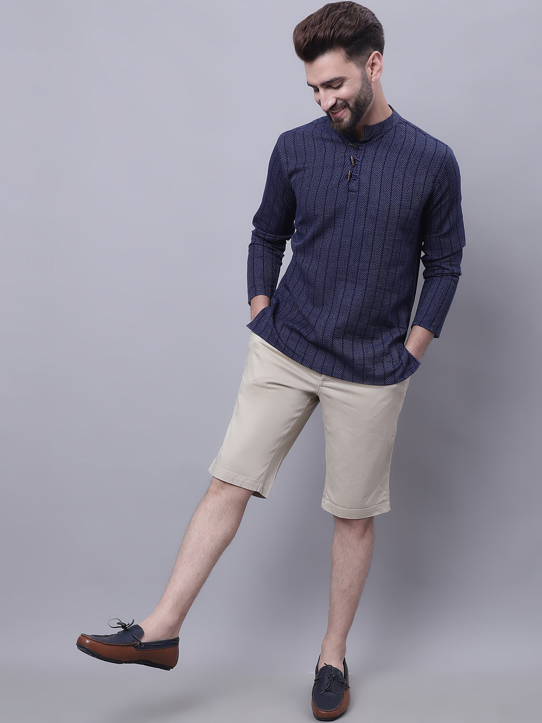 Indian Clothing Even Apparels Blue Pure Cotton Short Kurta With Band Collar | Swadesiicart