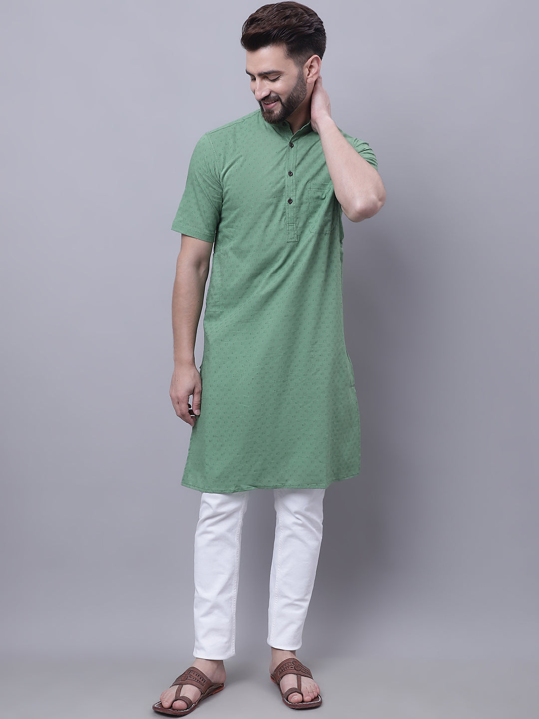 Even Apparels Green Pure Cotton Short Sleeves Kurta With Band Collar | Swadesiicart
