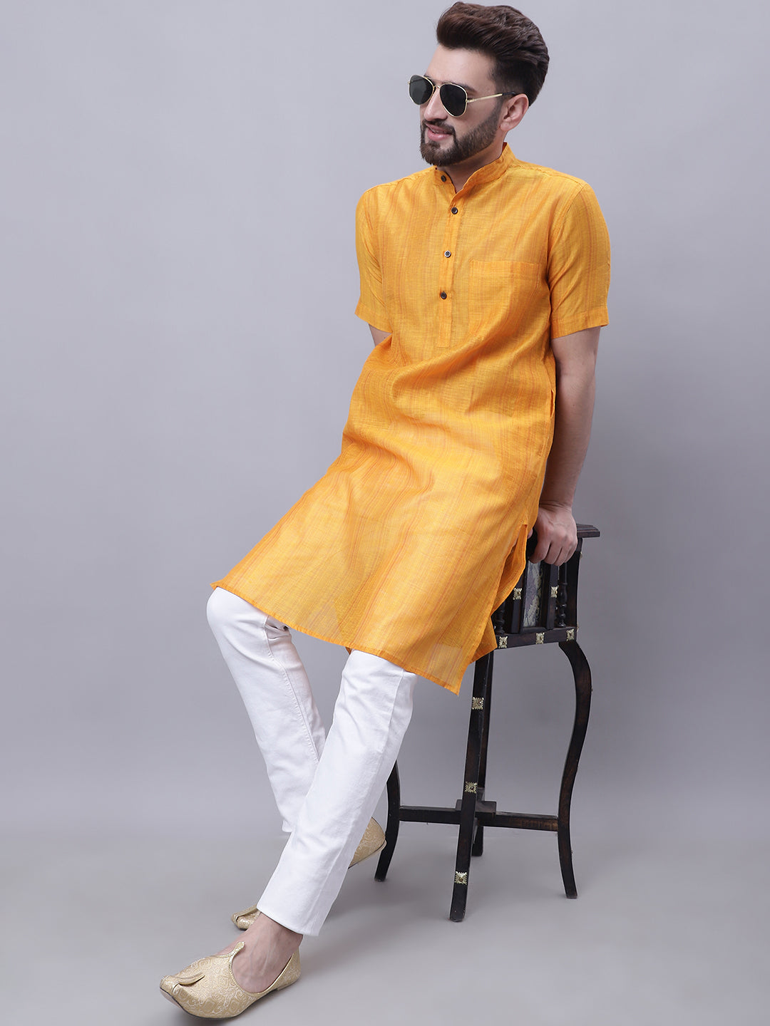 Even Apparels Yellow Pure Cotton Short Sleeves Kurta With Band Collar | Swadesiicart