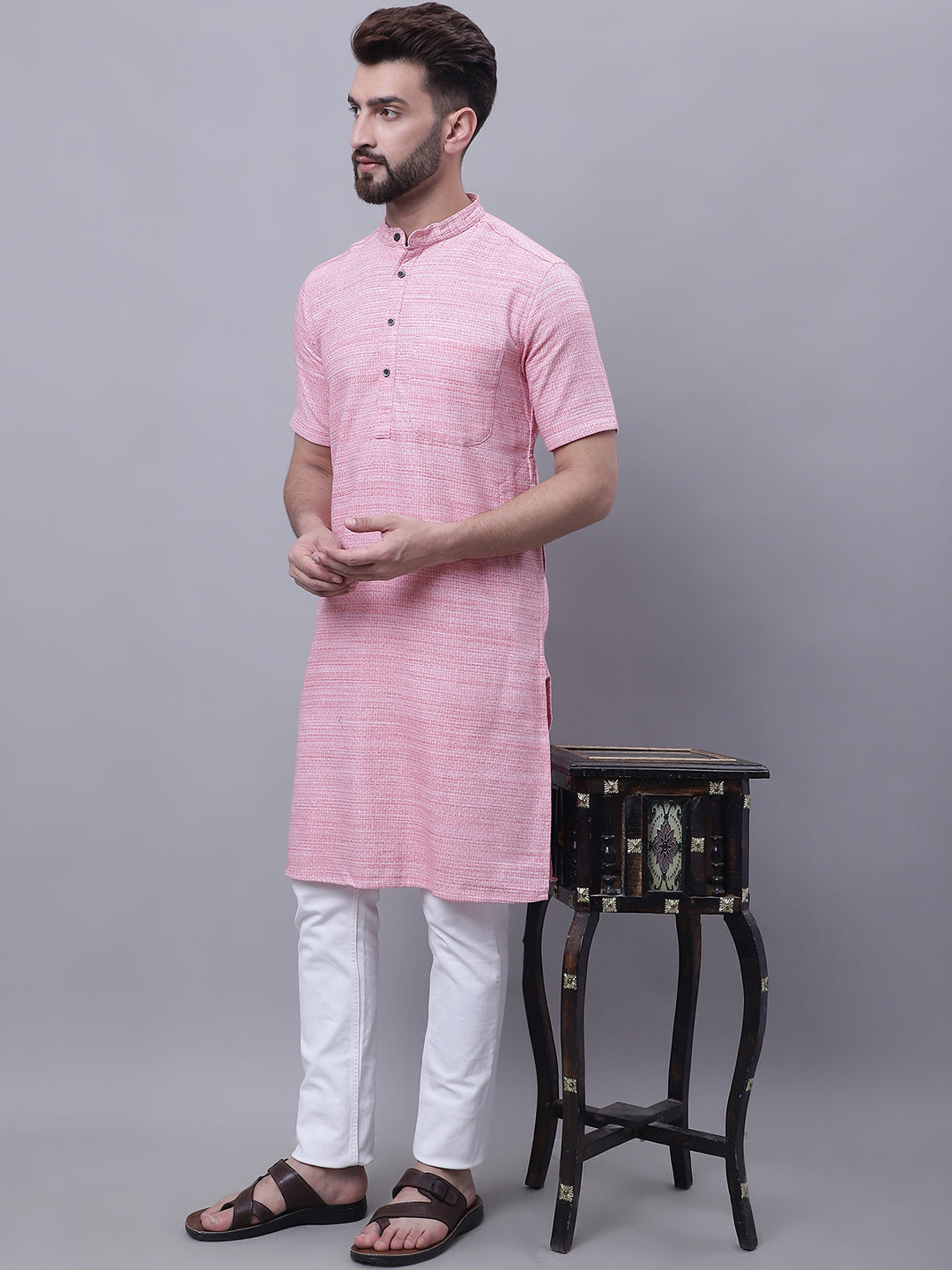 Even Apparels Pink Pure Cotton Short Sleeves Kurta With Band Collar | Swadesiicart
