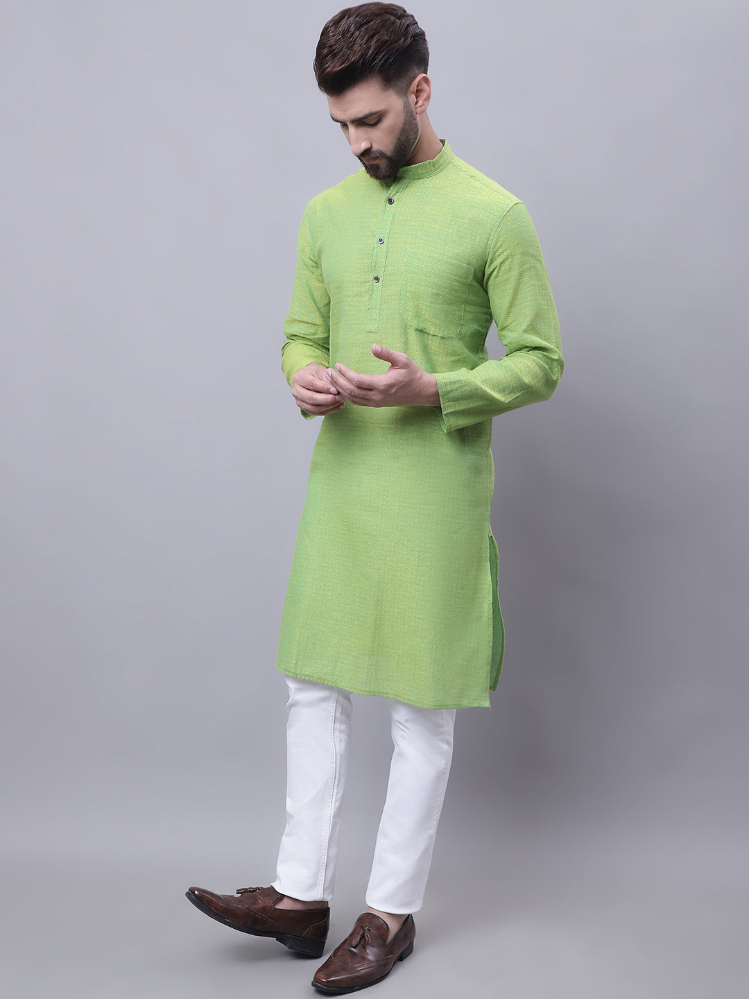 Even Apparels Green Pure Cotton Kurta With Band Collar | Swadesiicart