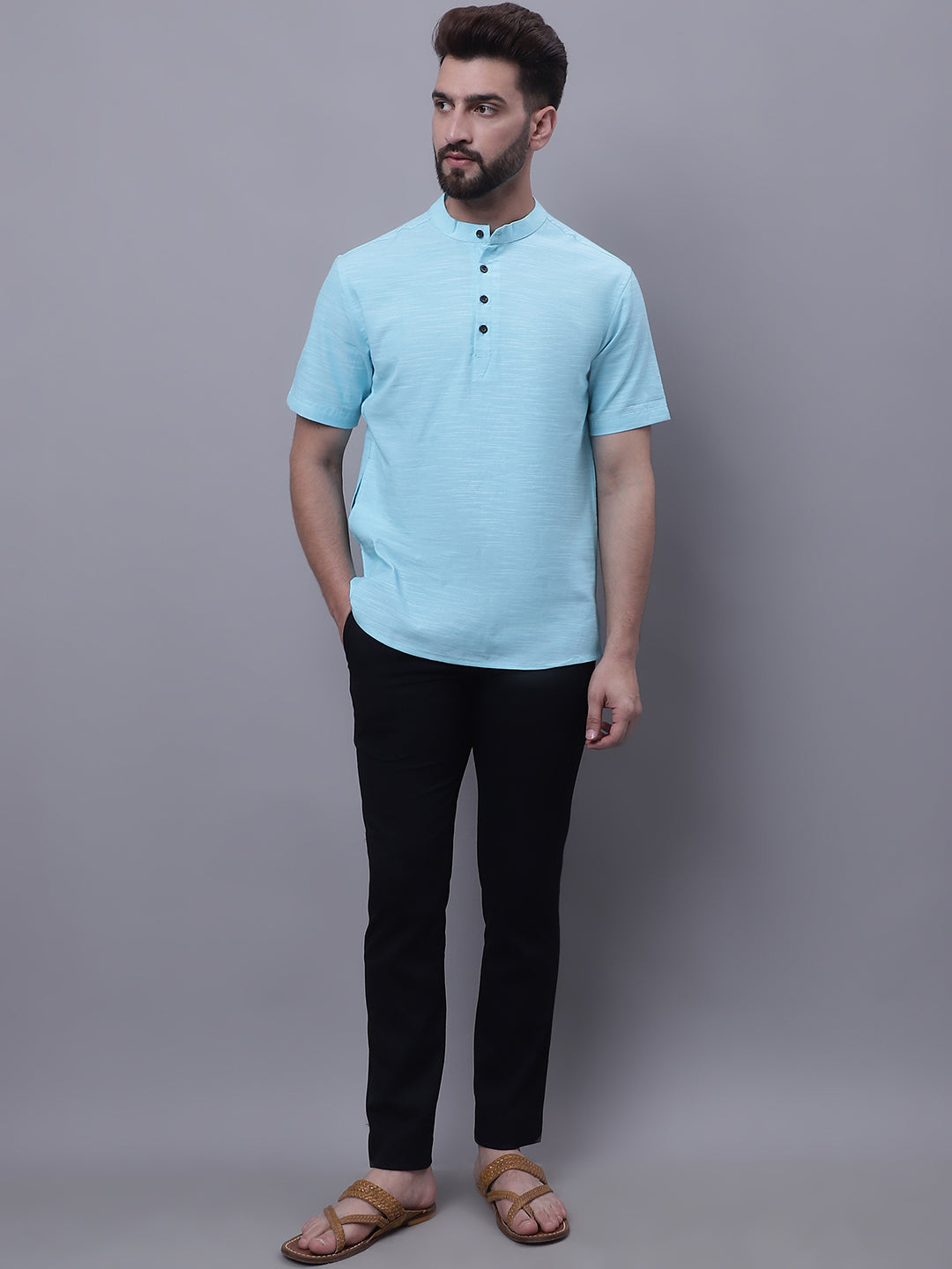 Even Apparels Blue Pure Cotton Short Kurta With Band Collar | Swadesiicart