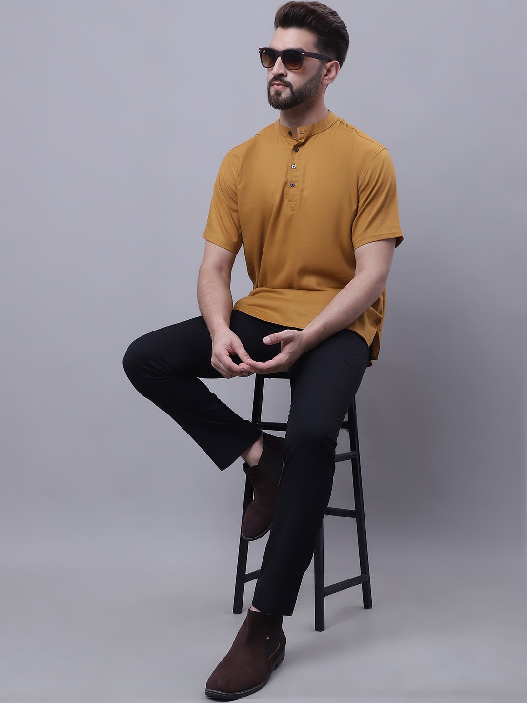 Even Apparels Brown Pure Cotton Short Kurta With Band Collar | Swadesiicart