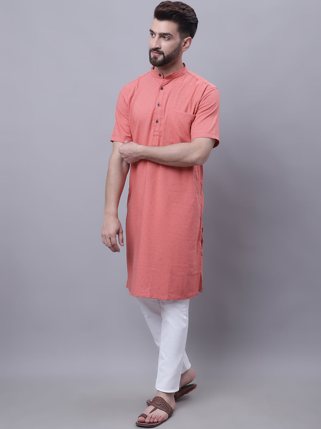 Even Apparels Peach Pure Cotton Short Sleeves Kurta With Band Collar | Swadesiicart