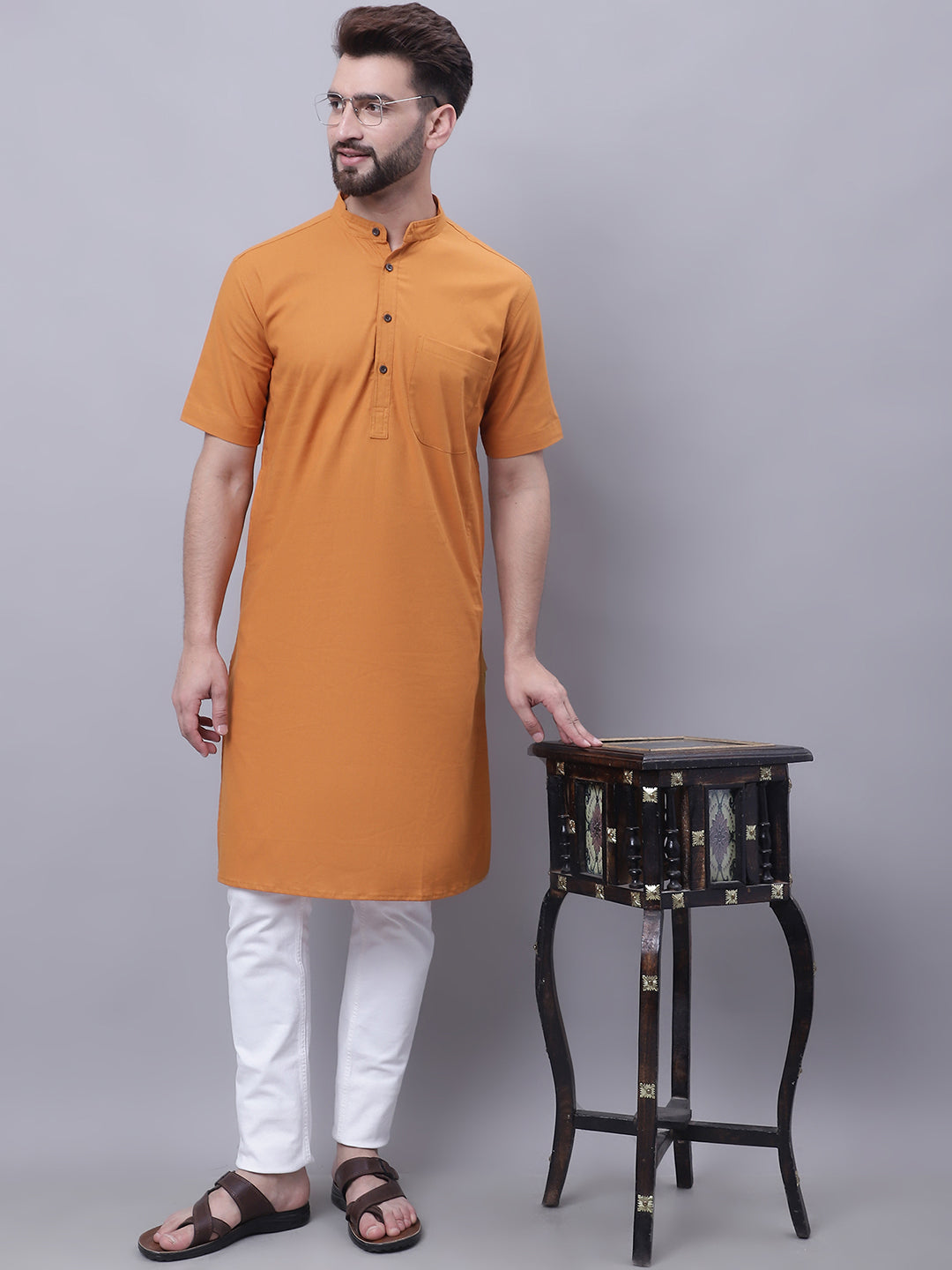 Even Apparels Yellow Pure Cotton Short Sleeves Kurta With Band Collar | Swadesiicart