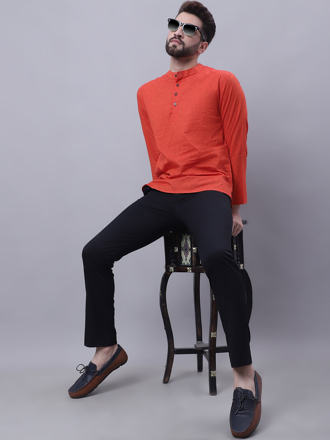 Even Apparels Orange Pure Cotton Short Kurta With Band Collar | Swadesiicart