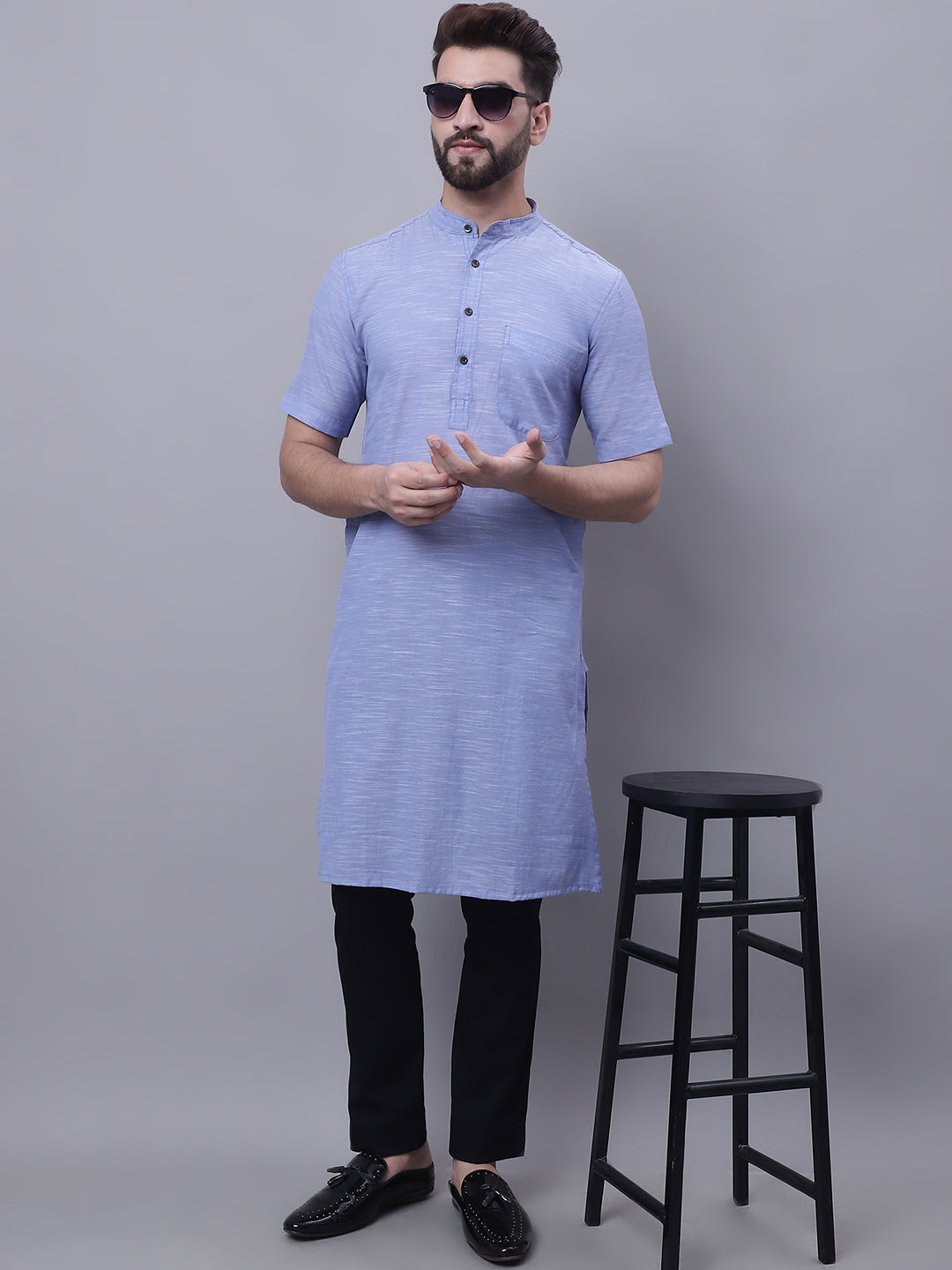 Even Apparels Blue Pure Cotton Short Sleeves Kurta With Band Collar | Swadesiicart