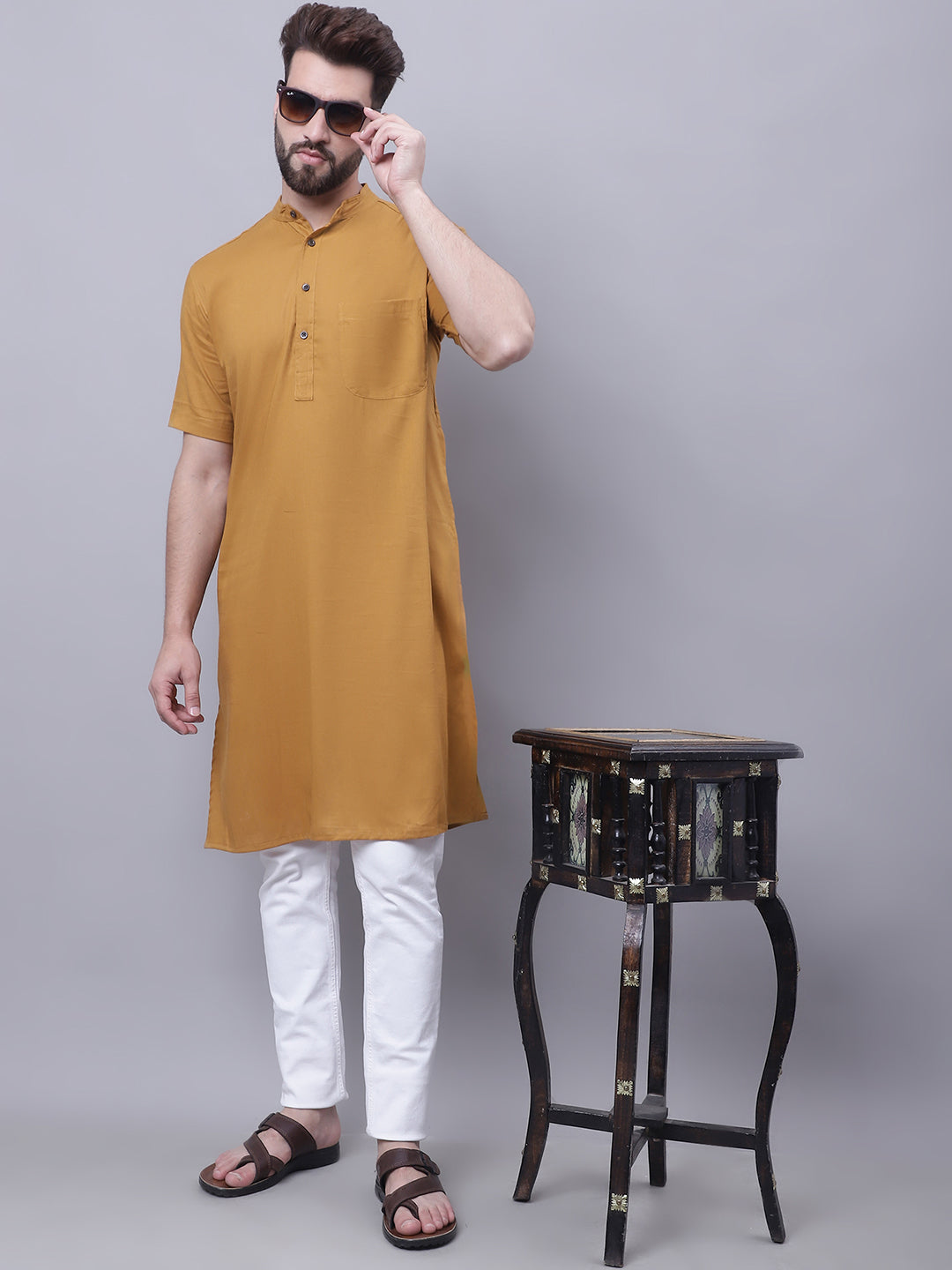 Even Apparels Mustard Pure Cotton Short Sleeves Kurta With Band Collar | Swadesiicart