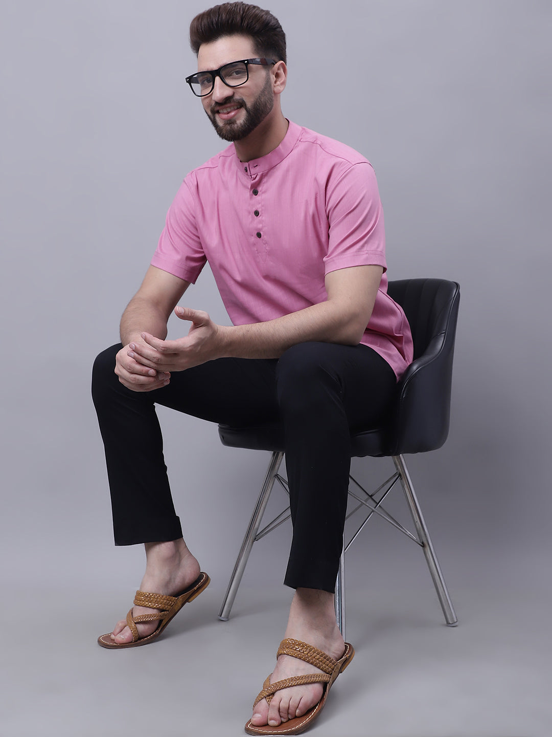 Even Apparels Pink Pure Cotton Short Kurta With Band Collar | Swadesiicart