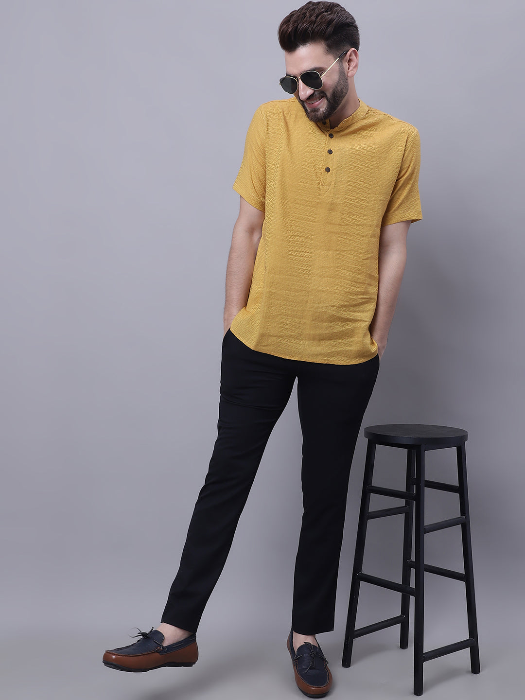 Even Apparels Yellow Pure Cotton Short Sleeves Kurta With Band Collar | Swadesiicart
